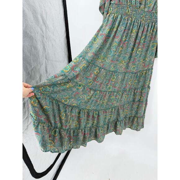 Anthropologie Boemo Green midi dress Paisley Tiered smocked Size L Boho Regency - Picture 7 of 11